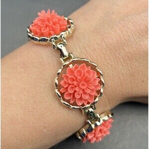 Vintage Emmons Floral Bracelet Pink Dahlia Mum Gold Tone Molded Celluloid Style